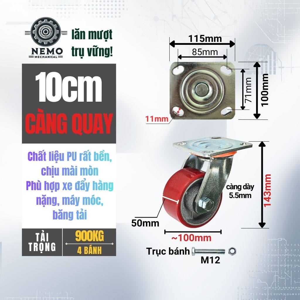 Bánh Xe PU Lõi Sắt Tải Nặng – Khung Càng Thép 5.5mm (D100, D125, D150, D200)